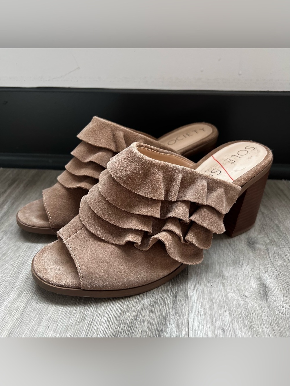 Sole Society Frannie Taupe Ruffle Suede Block Heel Mules